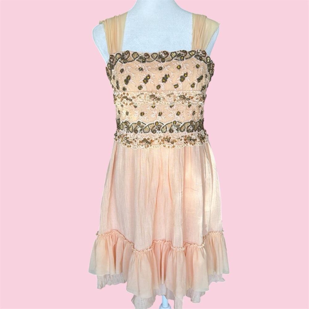 Y2K Pink Beaded Mini Dress with beaded embellishments on the bodice & waistband